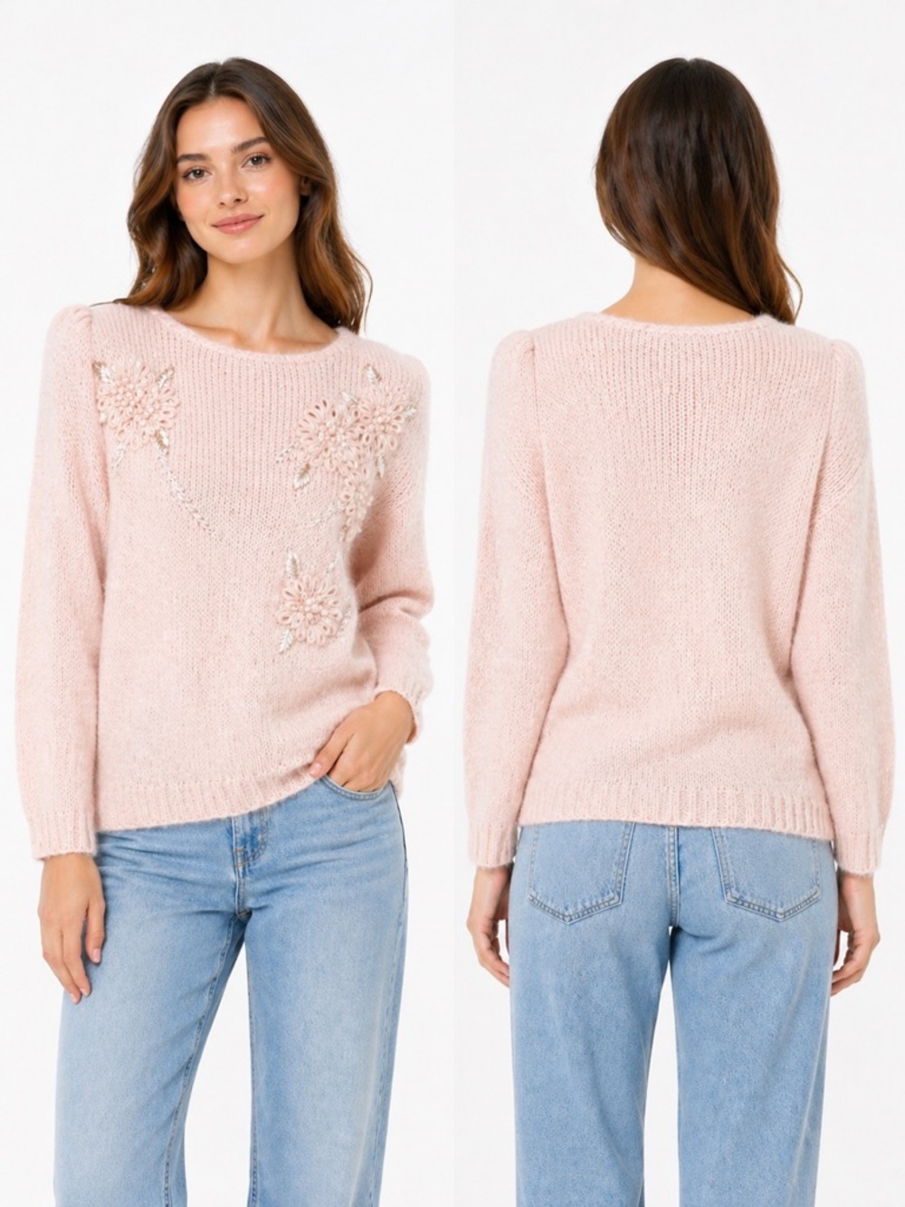 Vintage Blush Pink Knit Sweater Floral Appliqué Soft Feminine Coquette M‎
